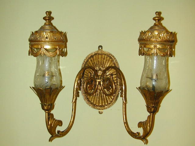 19th.Cent. Italian 2 Arm Gilt Brass & Etched Glass Hurricane Sconce