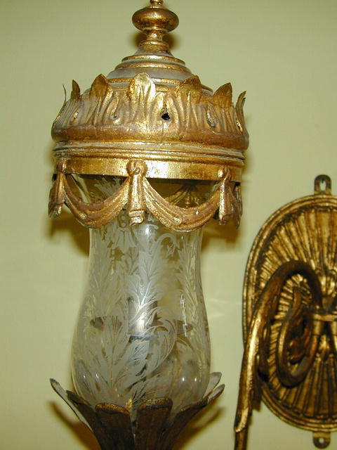 19th.Cent. Italian 2 Arm Gilt Brass & Etched Glass Hurricane Sconce