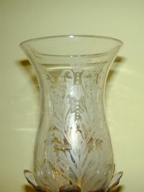19th.Cent. Italian 2 Arm Gilt Brass & Etched Glass Hurricane Sconce