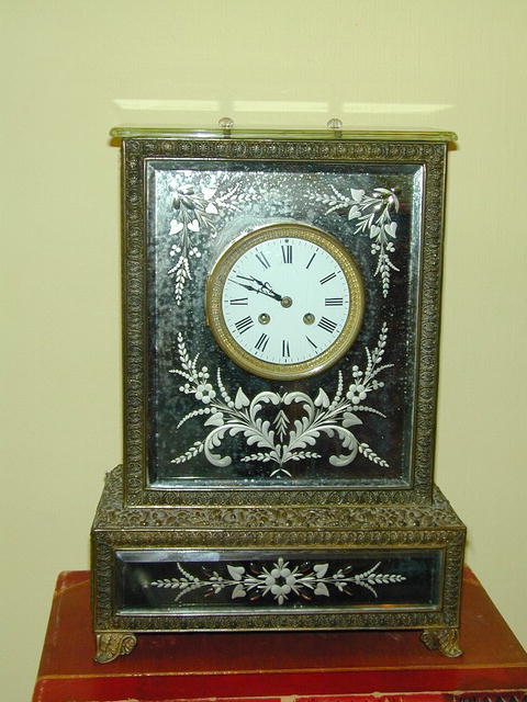 French Brass & Etched Mirrored Glass CLOCK