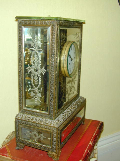 French Brass & Etched Mirrored Glass CLOCK