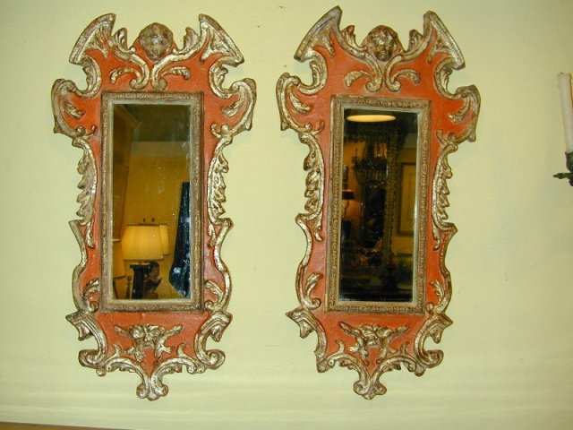 Pair of Italian Rococo Style Wood Carved & Painted Mirrors