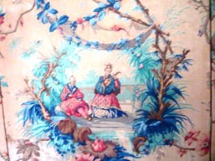 FRAMED & MOUNTED ANTIQUE CHINOISERIE TOILE FABRIC