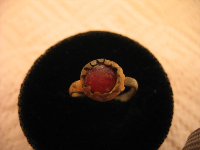 Roman Bronze Ring With Inlaid Red Glass Gem
