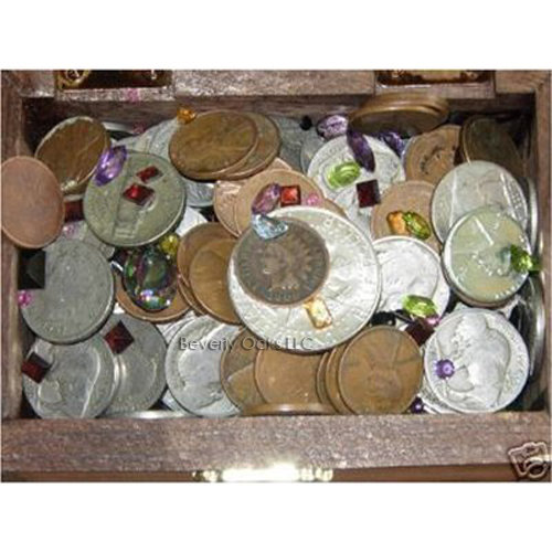 US Coins & Jewels in Treasure Chest