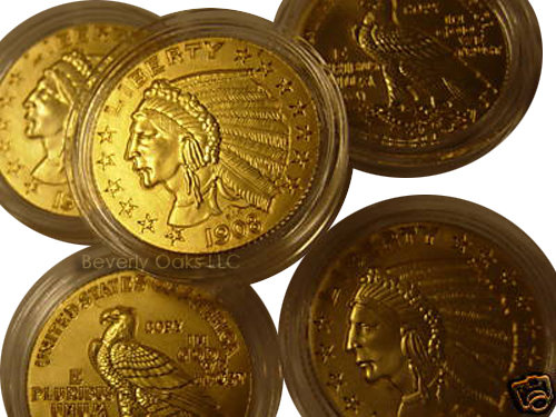 Lot of 5 - 1908 $5 Gold Indian Replica Coins
