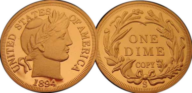 1894-S Barber Dime Silver Coin - Replica