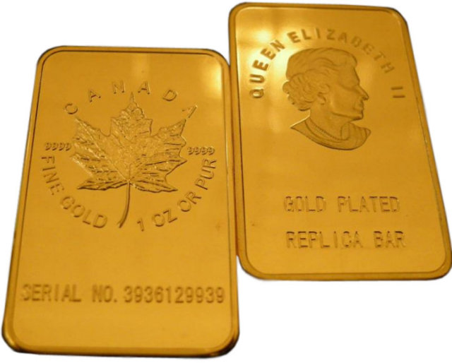 Lot of 5 - 1 Troy Ounce Canadian Maple Leaf Gold Bars - Replica