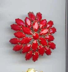 SALE Orange Red Rhinestone Brooch