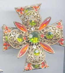 SALE Rhinestone Cross Pin Lime green and orange