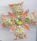 SALE Rhinestone Cross Pin Lime green and orange