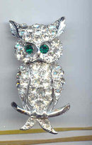 SALE Rhinestone Owl with Green Eyes