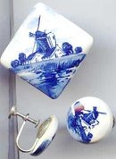 SALE Three Piece Delft Set Pin and Earrings
