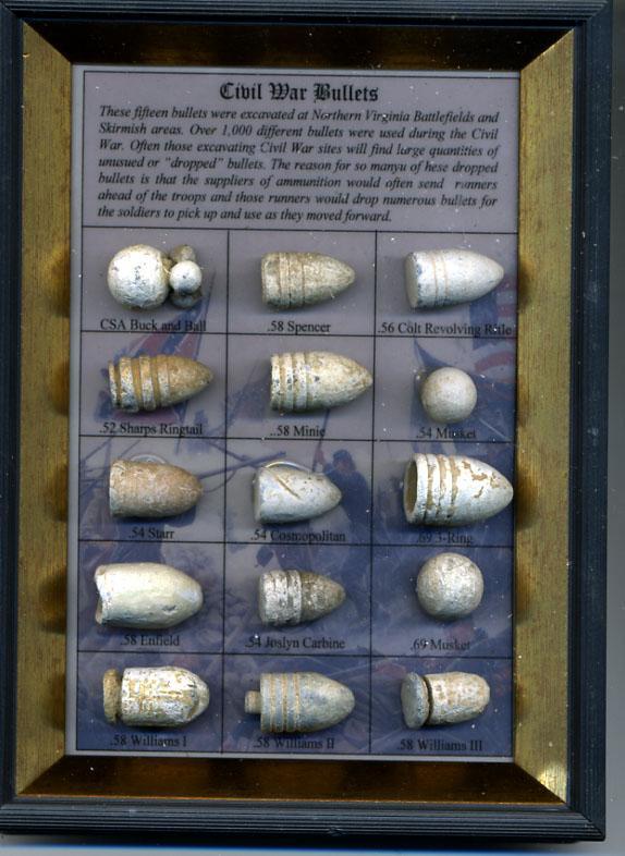 Framed Civil War Bullet Display Containing 15 Different Excavated Bullets