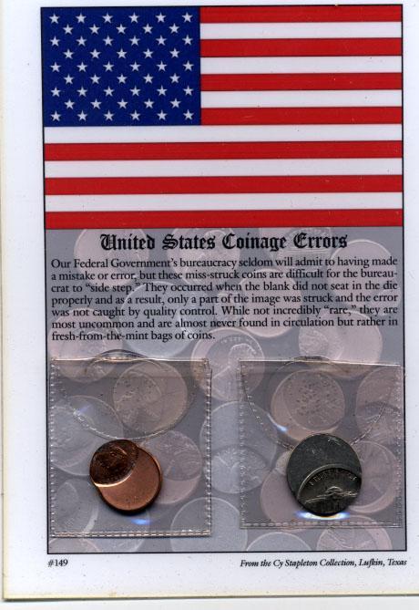 US Coin Errors - Penny and Nickel On Framable Descriptive Mounting