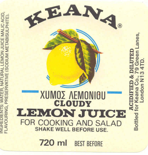 Keana Lemon Juice Label 1950s