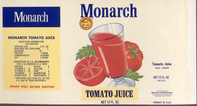 Monarch Tomato Juice Can Label