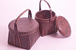 1900s Two Tone Bamboo Storage Basket ~ Plant