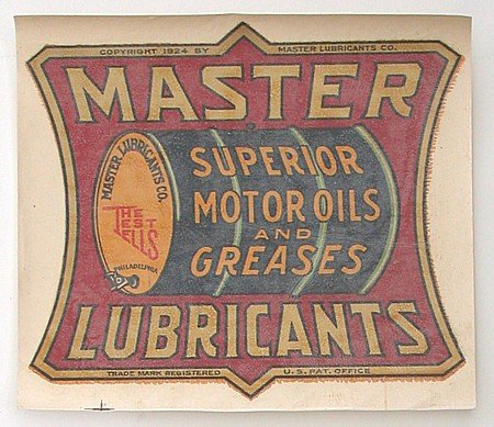 MOTOR OIL DECAL * VINTAGE MASTER LUBRICANTS 1924 STORE WINDOW DECAL