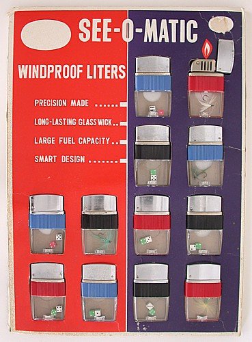 12 See-O-Matic Lighters on Store Display Card