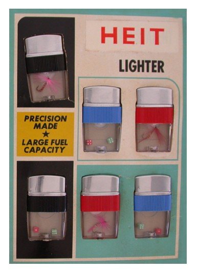 6 old vintage Clear-View Lighters on Display