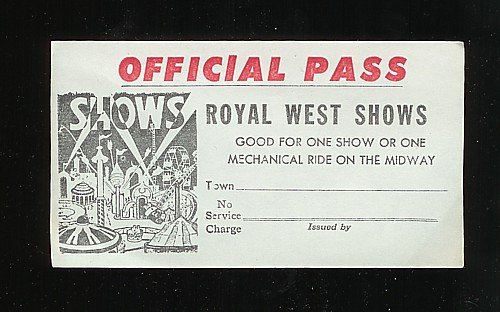 old vintage 1950s MIDWAY CARNIVAL PASS ~ ROYAL