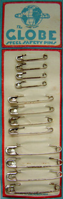 old vintage 1930 GLOBE SAFETY Pins on card