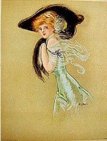 old 1909 Victorian Lady Litho Print black hat