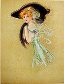 old 1909 Victorian Lady Litho Print black hat