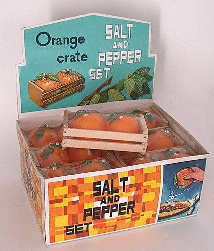 old vintage ORANGES SALT PEPPER SHAKER display