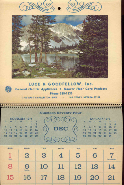 old vintage 1974 RECIPE CALENDAR ~ LAS VEGAS NEVADA