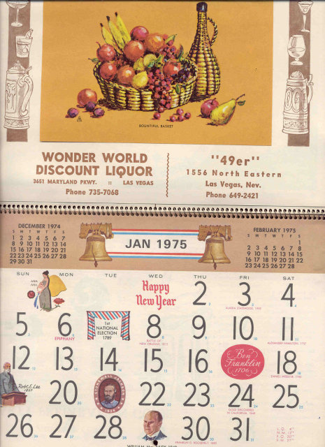 old vintage 1975 LIQUOR STORE CALENDAR ~ LAS VEGAS NEVADA