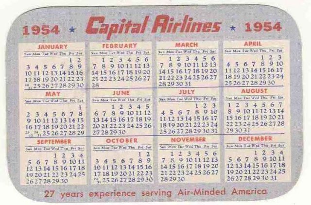 CAPITAL AIRLINES calendar card 1954
