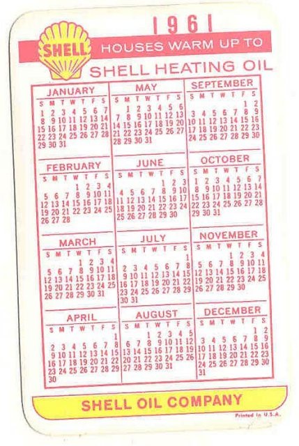 old vintage 1961 SHELL OIL calendar card