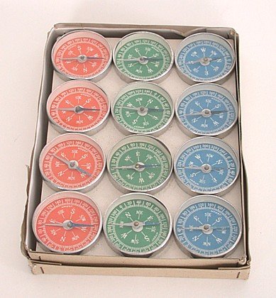 36 old vintage TOY COMPASSES in store display