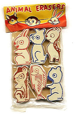 6 old vintage ANIMAL ERASERS in original pack