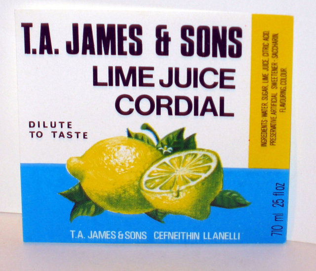 old vintage T.A. JAMES & SONS LIME JUICE CORDIAL LABEL