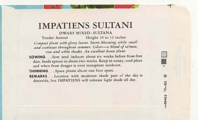 old vintage 1980 IMPATIENTS FLOWER seed pack