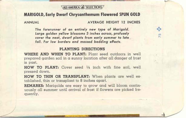old vintage 1975 SPUN GOLD MARIGOLD FLOWER seed pack