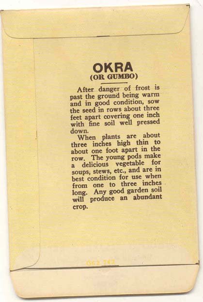 old vintage 1930s OKRA GUMBO seed pack ~ Pasadena California