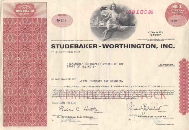 old vintage 1970 STUDEBAKER WORTHINGTON Teachers Retirement Stock Certificate