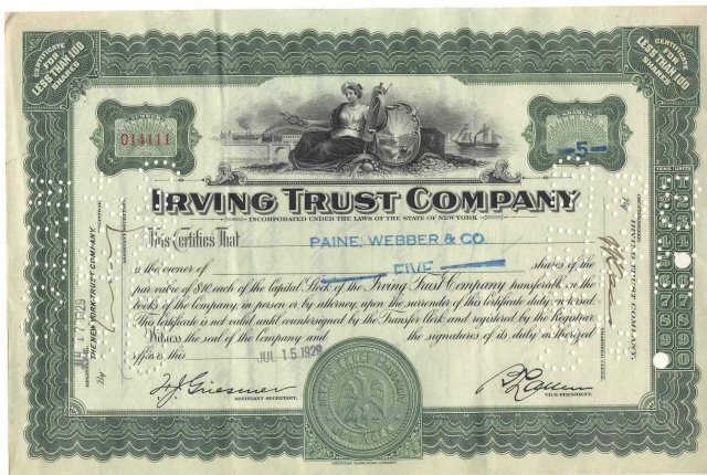 old vintage 1929 PAINE WEBBER Stock Certificate