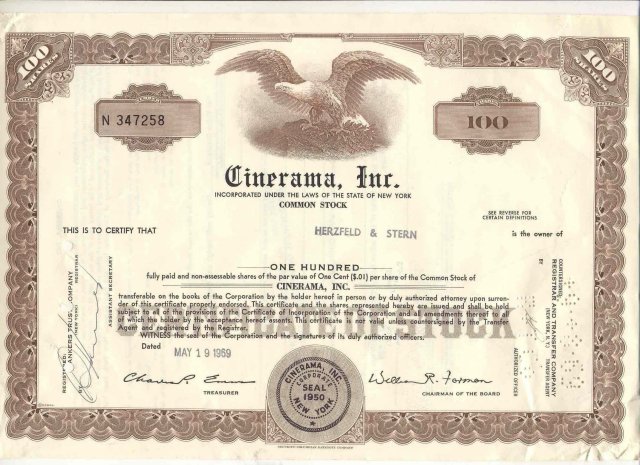 old vintage 1969 CINERAMA INC Eagle Stock Certificate