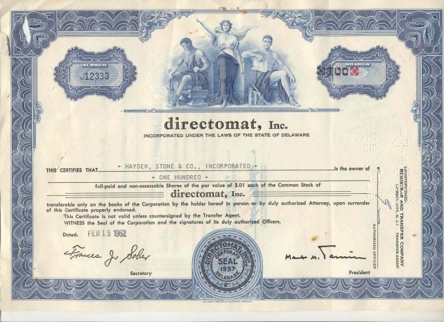 old vintage 1962 DIRECTOMAT INC Stock Certificate