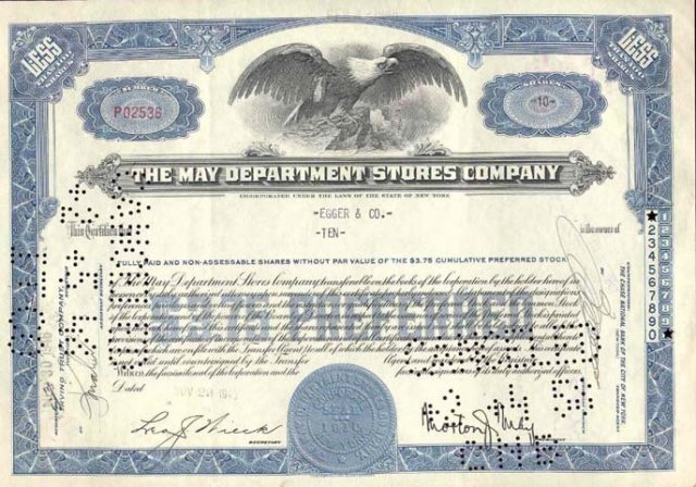 old vintage 1948 MAY DEPARTMENT STORE stock certificate