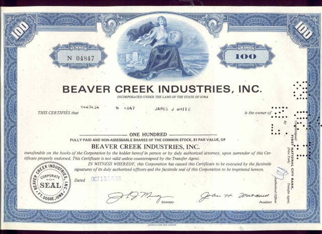 old vintage 1968 BEAVER CREEK Stock Certificate