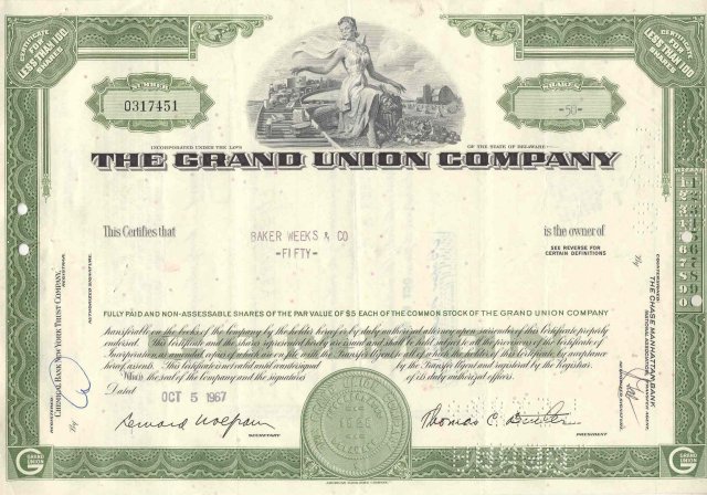 GRAND UNION STOCK CERTIFICATE 1967