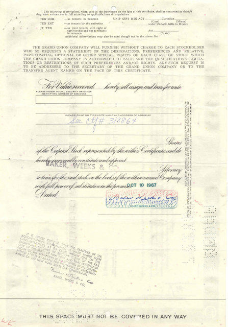 GRAND UNION STOCK CERTIFICATE 1967