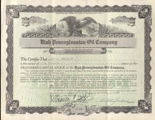 old vintage 1933 UTAH PENNSYLVANIA OIL Stock Certificate