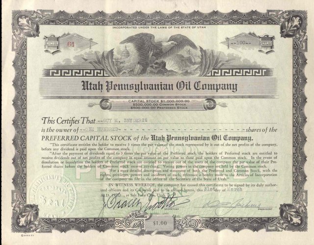 old vintage 1933 UTAH PENNSYLVANIA OIL Stock Certificate